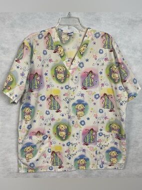 Disney Winnie the Pooh "Such a Lazy Day" V-neck scrub top Women Large Flaw